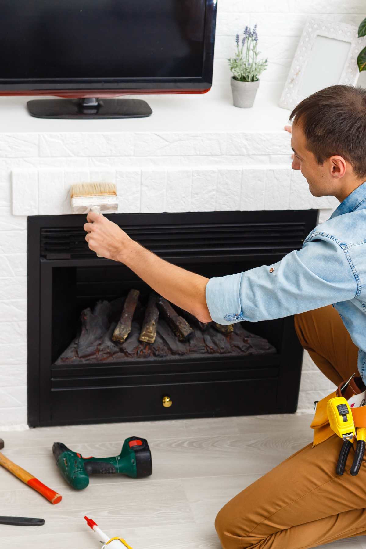 whitewash brick fireplace