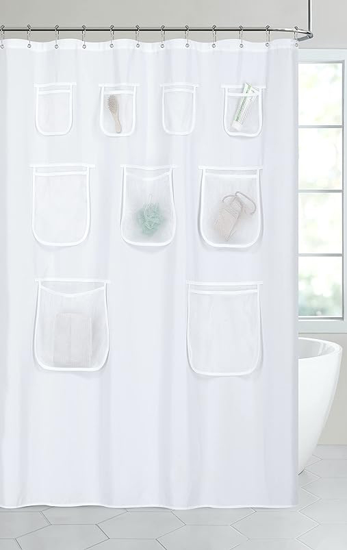  Fabric Shower Curtain With Attached Mesh Pockets